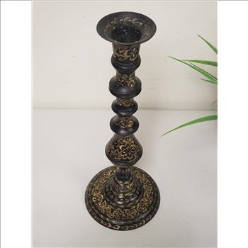 Vintage Solid Brass Black Gold Floral Etched Decorative Candlestick Holder, 11