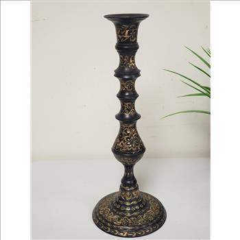 Vintage Solid Brass Black Gold Floral Etched Decorative Candlestick Holder, 11