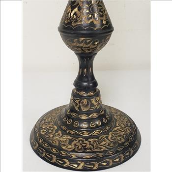 Vintage Solid Brass Black Gold Floral Etched Decorative Candlestick Holder, 11