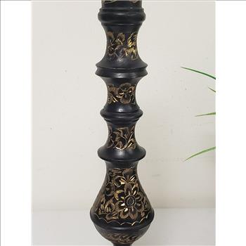 Vintage Solid Brass Black Gold Floral Etched Decorative Candlestick Holder, 11