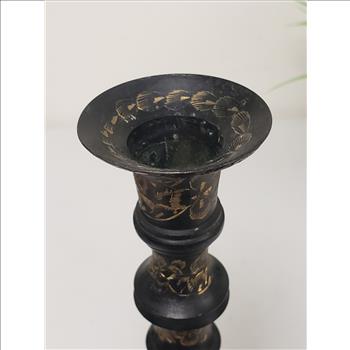 Vintage Solid Brass Black Gold Floral Etched Decorative Candlestick Holder, 11