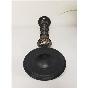 Vintage Solid Brass Black Gold Floral Etched Decorative Candlestick Holder, 11