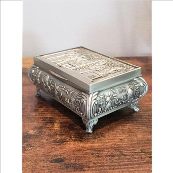 Embossed Classic Egyptian Art Pewter Metal Jewelry Box