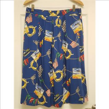 Vintage Alfred Dunner Patriot American Flag-Nautical Themed Print Women's Pleated Midi Skirt Sz 16-Petite, Made in USA