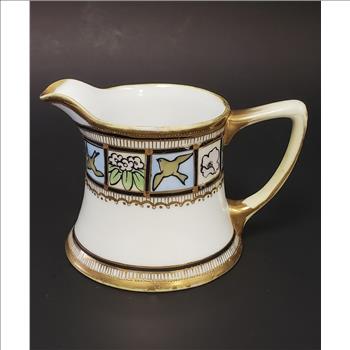 Vintage RC Royal Crockery Nippon Hand Painted Bird & Flower Pattern Gold Moriage Gilding Fine China Creamer, Made In Japan