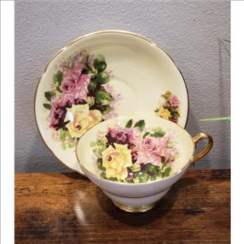 RARE Antique Stanley Bone China England Est. 1875 Large Three Cabbage Roses Cup and Saucer Set