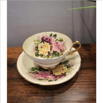 RARE Antique Stanley Bone China England Est. 1875 Large Three Cabbage Roses Cup and Saucer Set