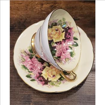 RARE Antique Stanley Bone China England Est. 1875 Large Three Cabbage Roses Cup and Saucer Set