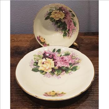 RARE Antique Stanley Bone China England Est. 1875 Large Three Cabbage Roses Cup and Saucer Set