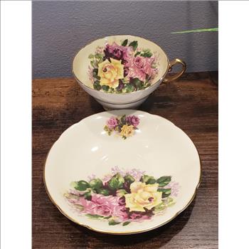 RARE Antique Stanley Bone China England Est. 1875 Large Three Cabbage Roses Cup and Saucer Set