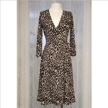 Banana Republic Women's Leopard Print V-Neck 3/4 Sleeves Self-Tie Wrap Dress, Sz XS
