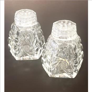 Vintage 1940's Pinwheel Starburst Pattern Cut Clear Glass Salt and Pepper Shakers, Made in East Germany
