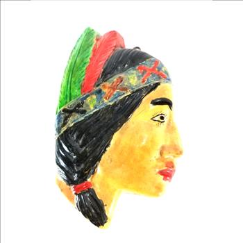 Vintage Hand Painted Pottery Wall Hanging of Native American