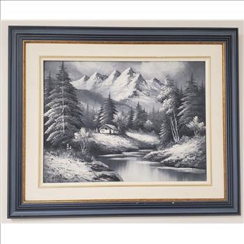 Vintage 1970's USA Rick Boren Black & White Winter Landscape Original Oil Painting