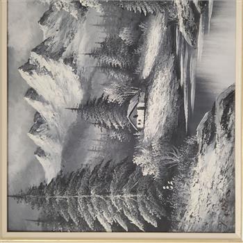 Vintage 1970's USA Rick Boren Black & White Winter Landscape Original Oil Painting