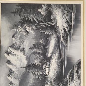 Vintage 1970's USA Rick Boren Black & White Winter Landscape Original Oil Painting