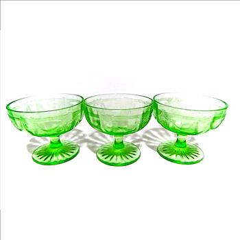 Three c1930's Vintage Green Depression Glass Goblets