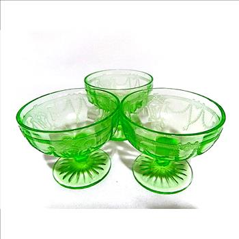 Three c1930's Vintage Green Depression Glass Goblets