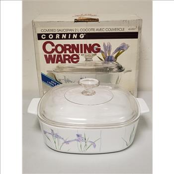 Vintage CORNING WARE Shadow Iris Handled-Lidded Square 2L Ceramic Glass Cookware, Made in Canada