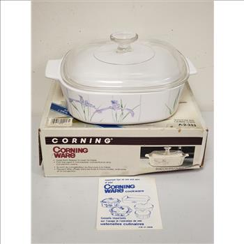 Vintage CORNING WARE Shadow Iris Handled-Lidded Square 2L Ceramic Glass Cookware, Made in Canada