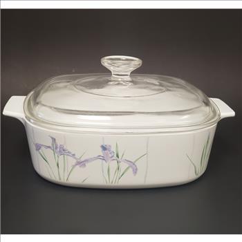 Vintage CORNING WARE Shadow Iris Handled-Lidded Square 2L Ceramic Glass Cookware, Made in Canada