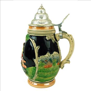 CIRCA 1950's RARE Vintage Extra Large German Beer Stein with Pewter Top