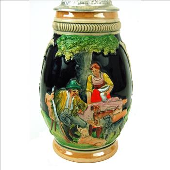 CIRCA 1950's RARE Vintage Extra Large German Beer Stein with Pewter Top