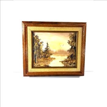 Framed Oil Paining by MS Hansen 1982 - River and Forest Scenery