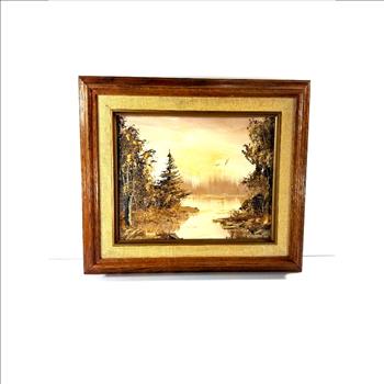 Framed Oil Paining by MS Hansen 1982 - River and Forest Scenery