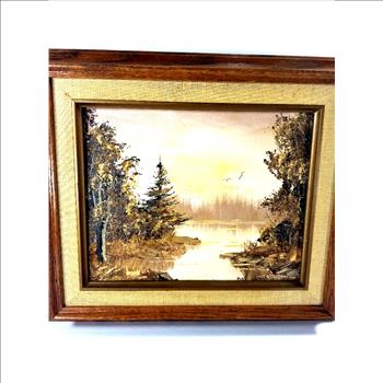 Framed Oil Paining by MS Hansen 1982 - River and Forest Scenery