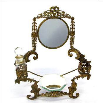 Antique Brass Dresser Vanity Mirror Set with Perfume and Ring holders