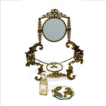 Antique Brass Dresser Vanity Mirror Set with Perfume and Ring holders
