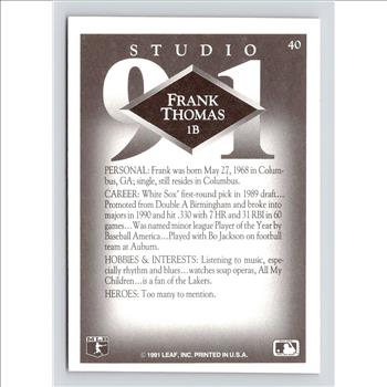 1991 Leaf Studio #40 Frank Thomas Chicago White Sox Raw Vintage HOF Trading Card