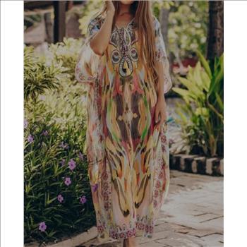 Women Multi-color Tassel Front Sheer Maxi Dress Beachwear Cover Ups Sz XL-2XL