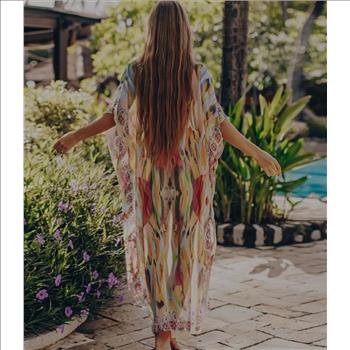 Women Multi-color Tassel Front Sheer Maxi Dress Beachwear Cover Ups Sz XL-2XL