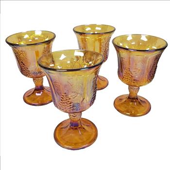 4 Vintage Indiana Glass Marigold Carnival Goblet Harvest Grape Pattern USA