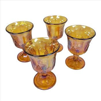 4 Vintage Indiana Glass Marigold Carnival Goblet Harvest Grape Pattern USA