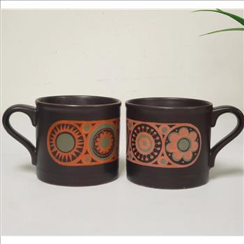 Staffordshire Kiln Craft Hermes Ironstone Hand Painted Geometric Two Brown Mugs