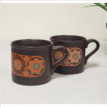 Staffordshire Kiln Craft Hermes Ironstone Hand Painted Geometric Two Brown Mugs