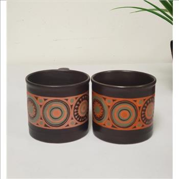 Staffordshire Kiln Craft Hermes Ironstone Hand Painted Geometric Two Brown Mugs