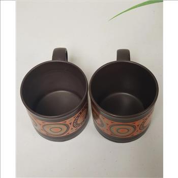 Staffordshire Kiln Craft Hermes Ironstone Hand Painted Geometric Two Brown Mugs