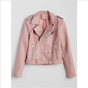NWT Zip Up Pockets Belted Faux Leather Jacket Pink Size M