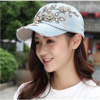 Women Applique Flower Embossed Rhinestone Denim Baseball Cap