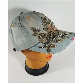 Women Applique Flower Embossed Rhinestone Denim Baseball Cap