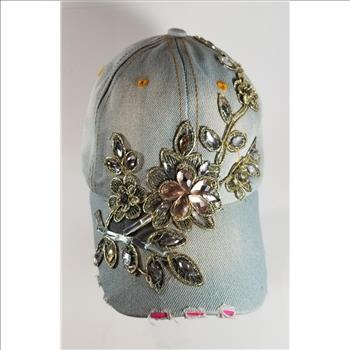 Women Applique Flower Embossed Rhinestone Denim Baseball Cap