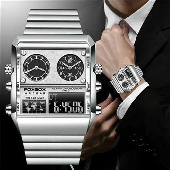 LIGE FOXBOX Men Watch Rectangle Dual Time Wristwatch