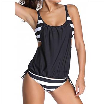 Stripe Print Black Spaghetti Strap Tankini Swimwear Size L