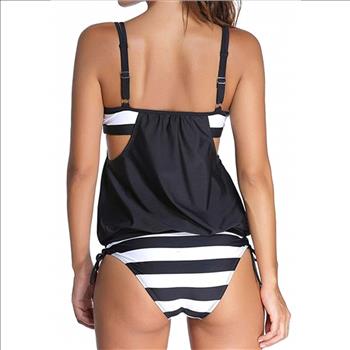 Stripe Print Black Spaghetti Strap Tankini Swimwear Size L
