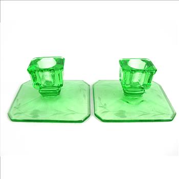 Pair of Green Depression Glass Candle Holders c.1930s