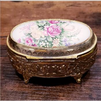 Vintage Oval Goldtone Trinket Box with Porcelain Floral Lid Japan